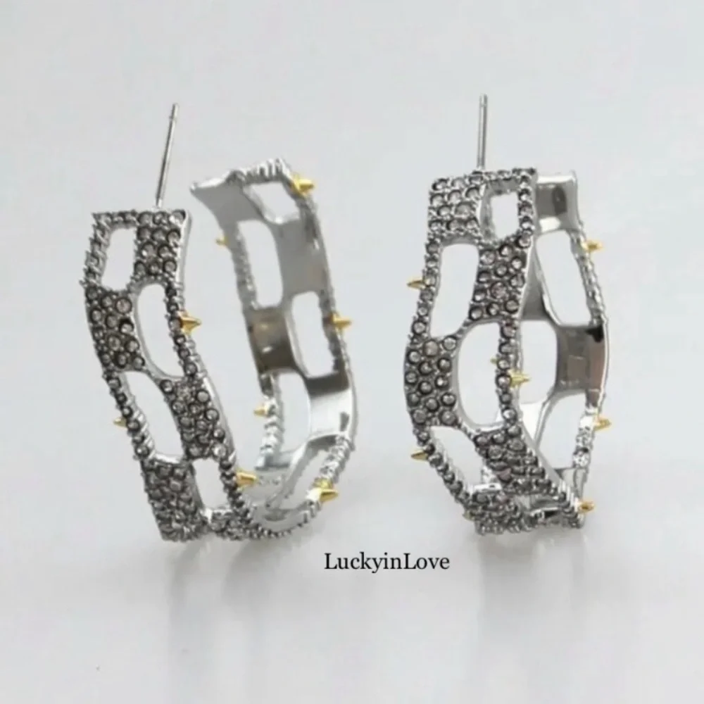 ALEXIS BITTAR • Silver Crystal Georgian Checkerboard Wavy Hoop Earrings